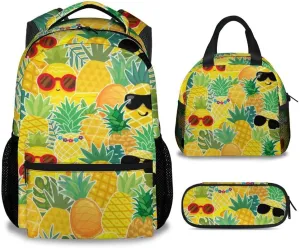 Pineapple Backpack with Lunch Box and Pencil Case Set, 3 in 1 Matching Kids Yellow Backpacks Combo, Cute Bookbag and Pencil Case Bundle
