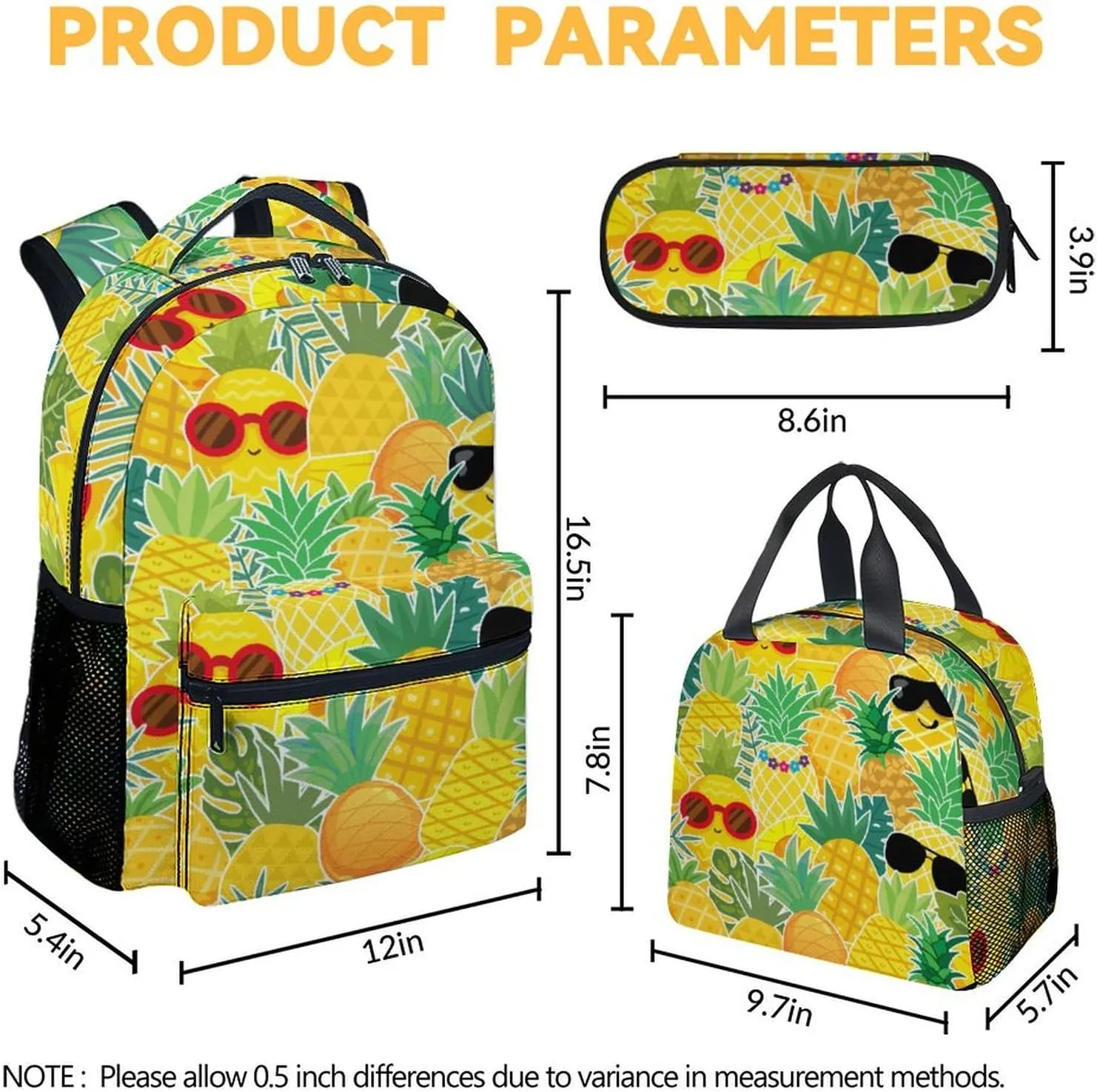Pineapple Backpack with Lunch Box and Pencil Case Set, 3 in 1 Matching Kids Yellow Backpacks Combo, Cute Bookbag and Pencil Case Bundle