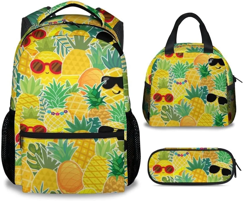 Pineapple Backpack with Lunch Box and Pencil Case Set, 3 in 1 Matching Kids Yellow Backpacks Combo, Cute Bookbag and Pencil Case Bundle