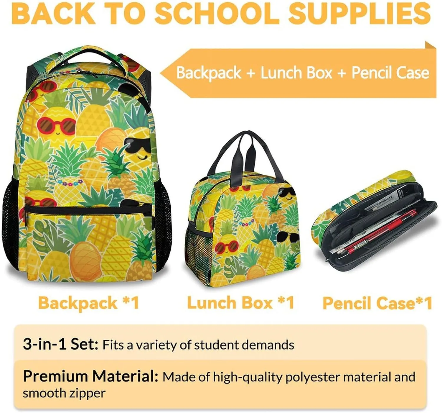 Pineapple Backpack with Lunch Box and Pencil Case Set, 3 in 1 Matching Kids Yellow Backpacks Combo, Cute Bookbag and Pencil Case Bundle