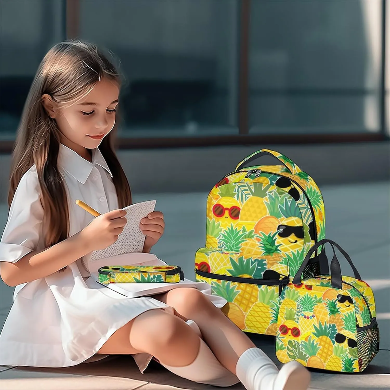 Pineapple Backpack with Lunch Box and Pencil Case Set, 3 in 1 Matching Kids Yellow Backpacks Combo, Cute Bookbag and Pencil Case Bundle