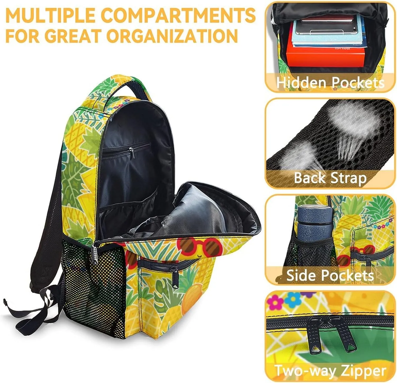 Pineapple Backpack with Lunch Box and Pencil Case Set, 3 in 1 Matching Kids Yellow Backpacks Combo, Cute Bookbag and Pencil Case Bundle