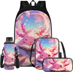 Pink Axolotl Cute Backpack for School Teen Girls 1st 2nd 3rd 4th 5th 6th Grade Boys Girls Teens Bookbag Aesthetic Womens Travel Book Bags for School Kids Student Back Packs