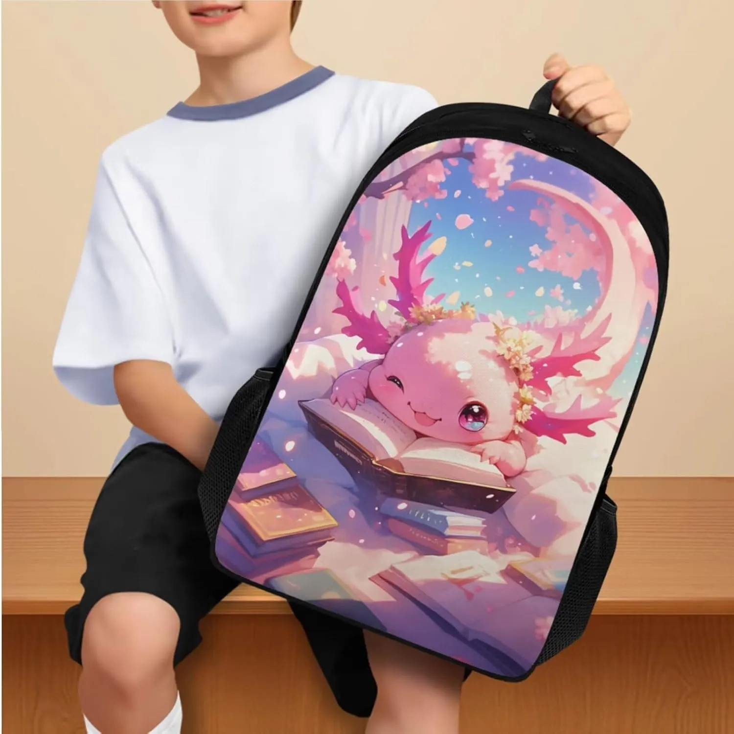 Pink Axolotl Cute Backpack for School Teen Girls 1st 2nd 3rd 4th 5th 6th Grade Boys Girls Teens Bookbag Aesthetic Womens Travel Book Bags for School Kids Student Back Packs
