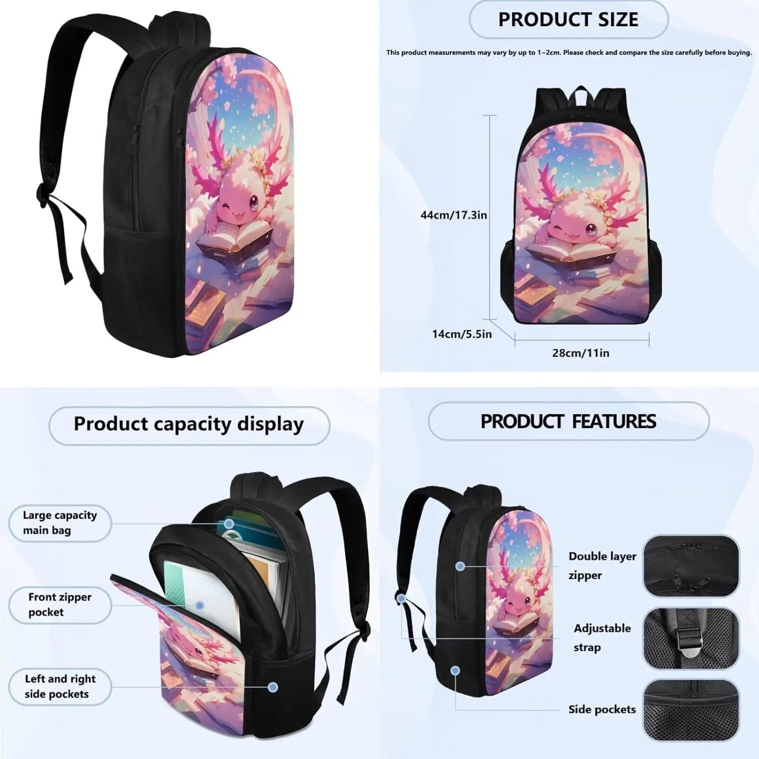 Pink Axolotl Cute Backpack for School Teen Girls 1st 2nd 3rd 4th 5th 6th Grade Boys Girls Teens Bookbag Aesthetic Womens Travel Book Bags for School Kids Student Back Packs