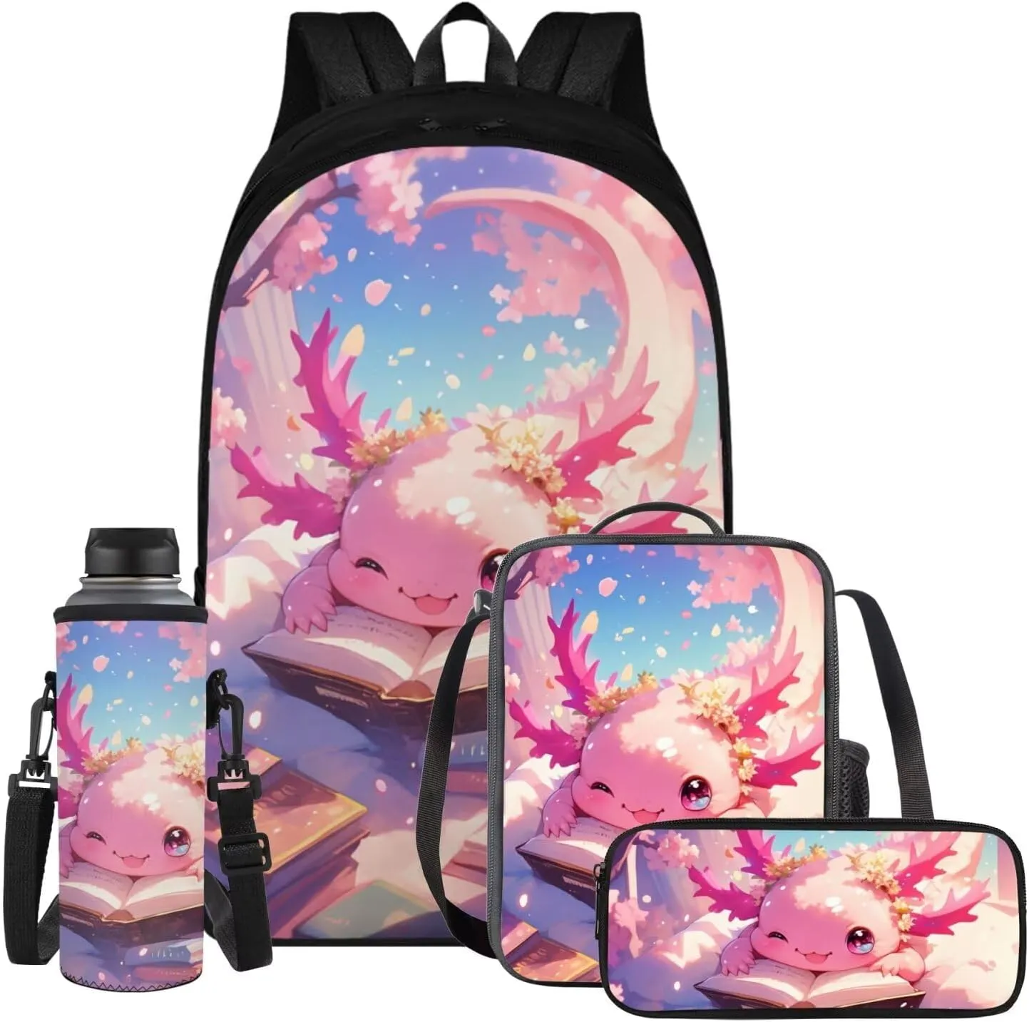 Pink Axolotl Cute Backpack for School Teen Girls 1st 2nd 3rd 4th 5th 6th Grade Boys Girls Teens Bookbag Aesthetic Womens Travel Book Bags for School Kids Student Back Packs