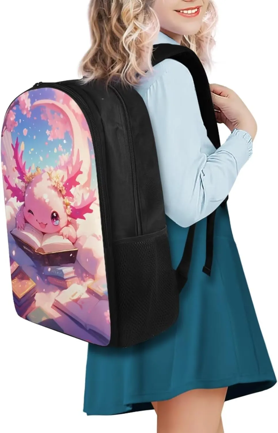 Pink Axolotl Cute Backpack for School Teen Girls 1st 2nd 3rd 4th 5th 6th Grade Boys Girls Teens Bookbag Aesthetic Womens Travel Book Bags for School Kids Student Back Packs