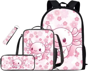 Pink Book Axolotl Backpack for School Girls with Lunchbox Cute Bookbags for 6th Grade Girls Elementary School Bag 4 Pcs Back to School Backpacks Casual Daypack for Travel