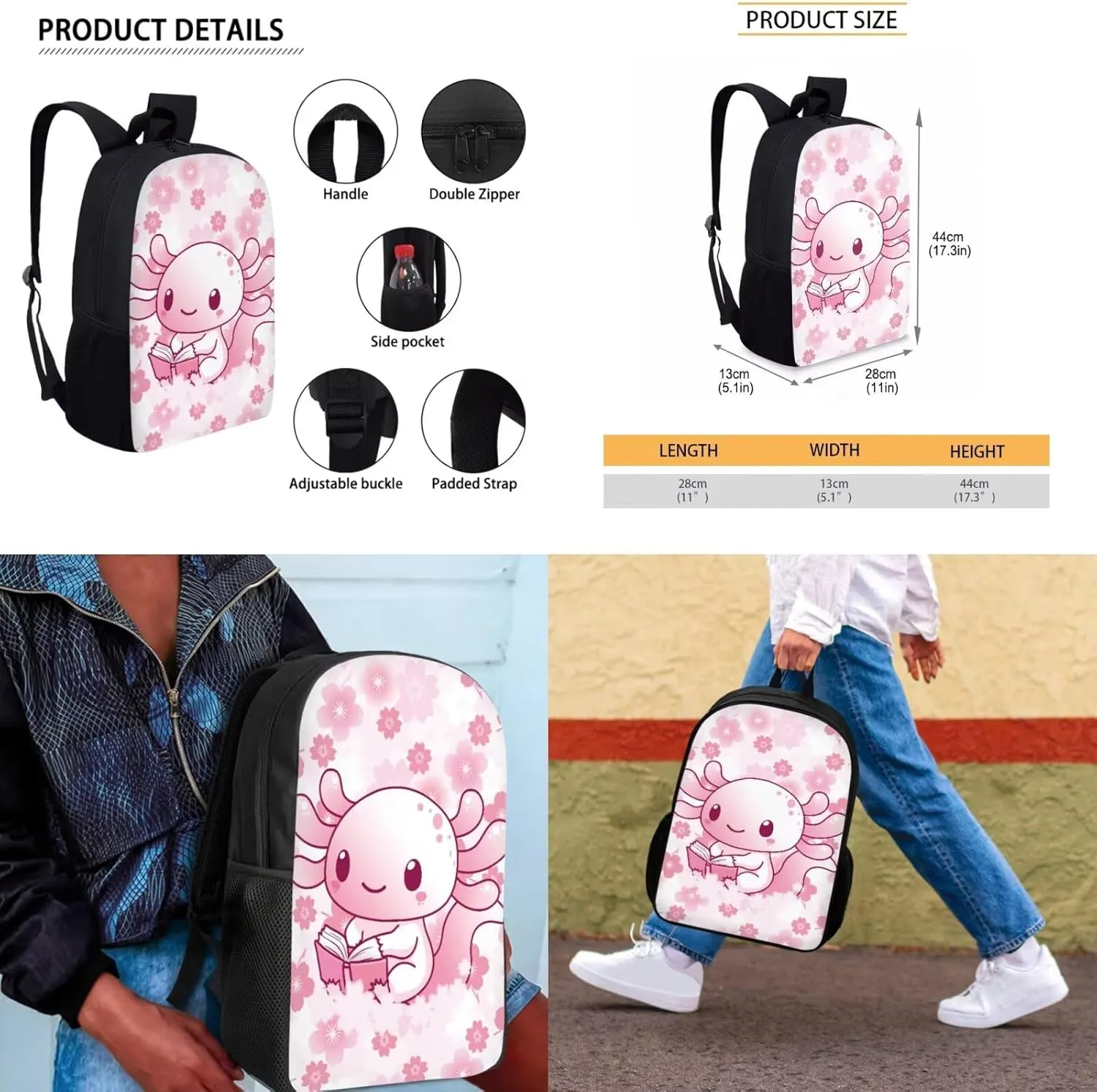 Pink Book Axolotl Backpack for School Girls with Lunchbox Cute Bookbags for 6th Grade Girls Elementary School Bag 4 Pcs Back to School Backpacks Casual Daypack for Travel