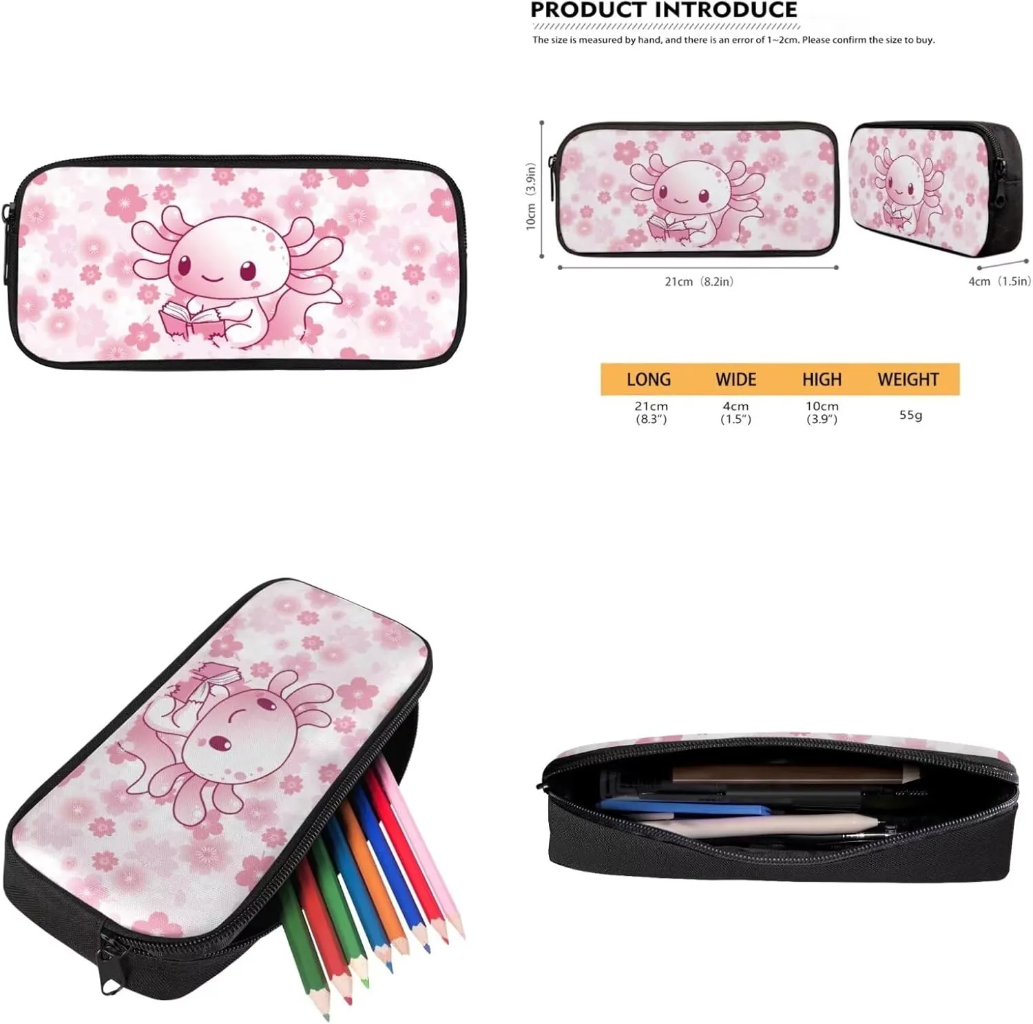 Pink Book Axolotl Backpack for School Girls with Lunchbox Cute Bookbags for 6th Grade Girls Elementary School Bag 4 Pcs Back to School Backpacks Casual Daypack for Travel