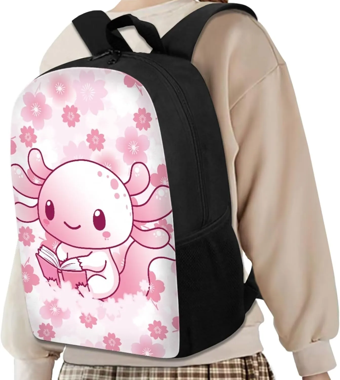 Pink Book Axolotl Backpack for School Girls with Lunchbox Cute Bookbags for 6th Grade Girls Elementary School Bag 4 Pcs Back to School Backpacks Casual Daypack for Travel