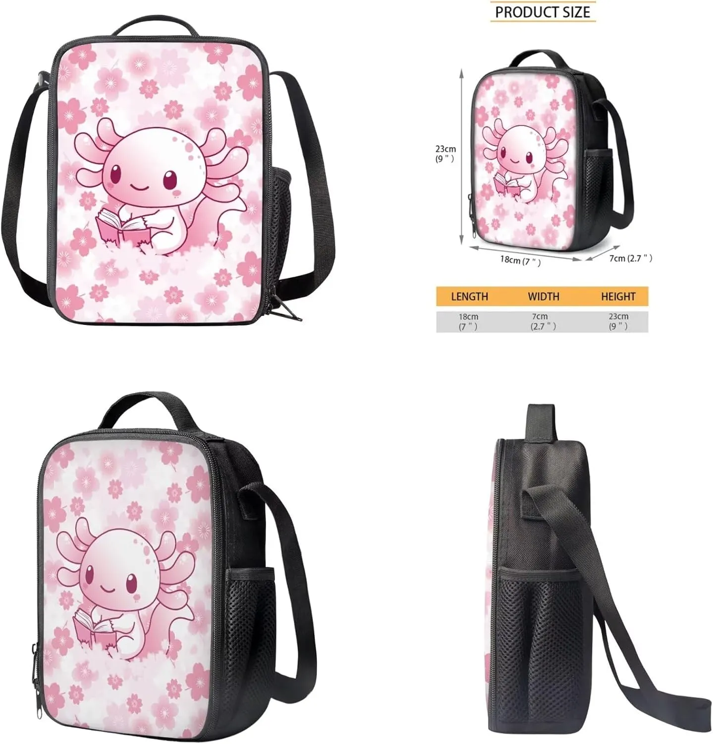Pink Book Axolotl Backpack for School Girls with Lunchbox Cute Bookbags for 6th Grade Girls Elementary School Bag 4 Pcs Back to School Backpacks Casual Daypack for Travel