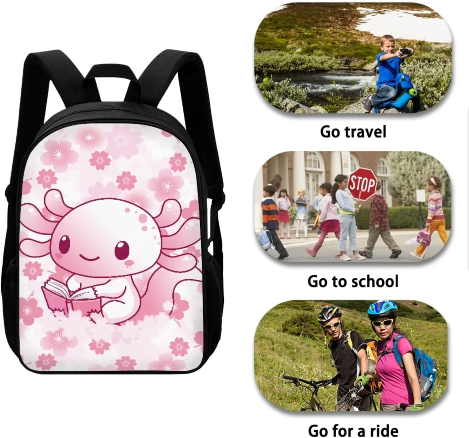 Pink Book Axolotl Backpack for School Girls with Lunchbox Cute Bookbags for 6th Grade Girls Elementary School Bag 4 Pcs Back to School Backpacks Casual Daypack for Travel