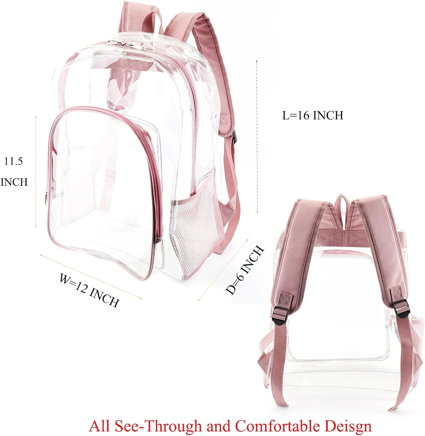 Pink Clear Backpack for Girls Women, Stylish See Through Plastic Clear Bookbag for School Stadium Concert 16 inch