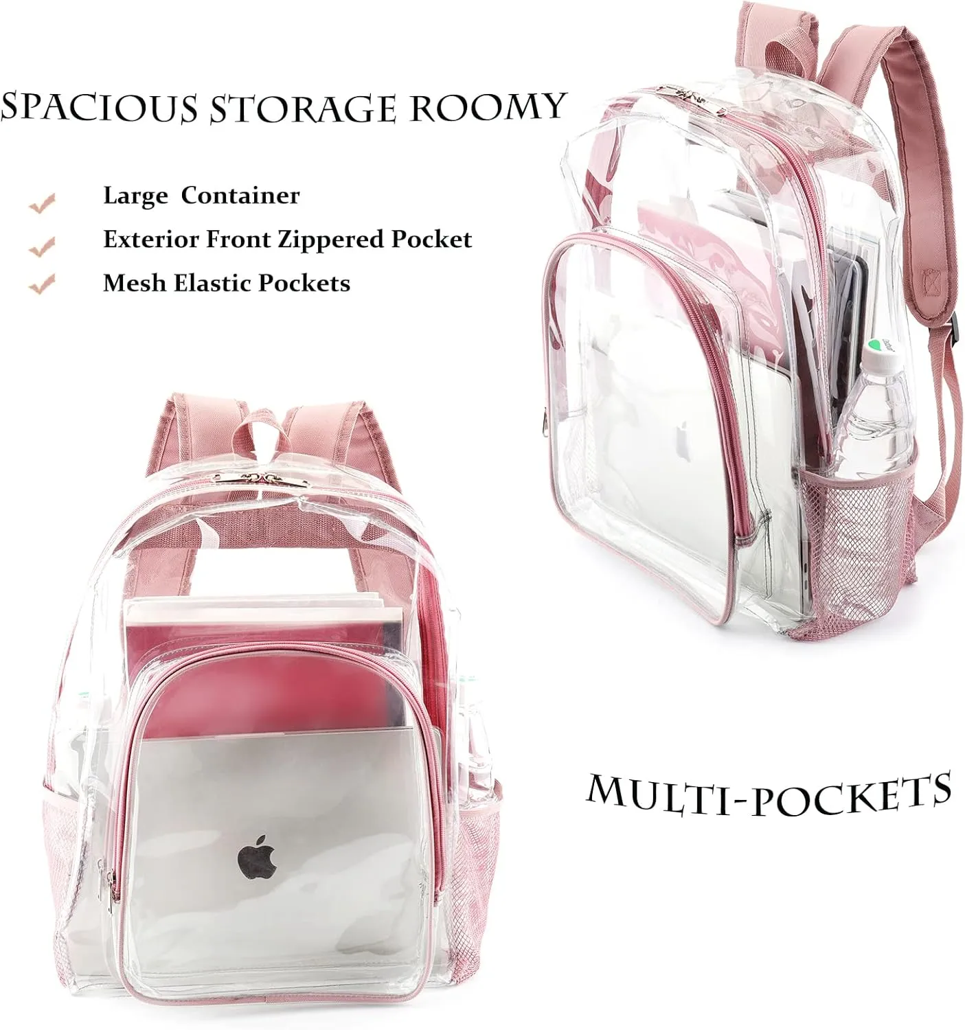 Pink Clear Backpack for Girls Women, Stylish See Through Plastic Clear Bookbag for School Stadium Concert 16 inch