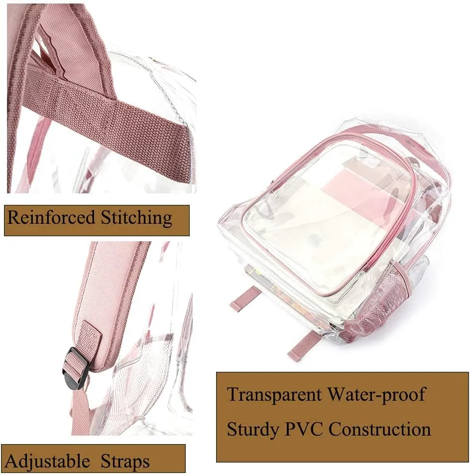 Pink Clear Backpack for Girls Women, Stylish See Through Plastic Clear Bookbag for School Stadium Concert 16 inch