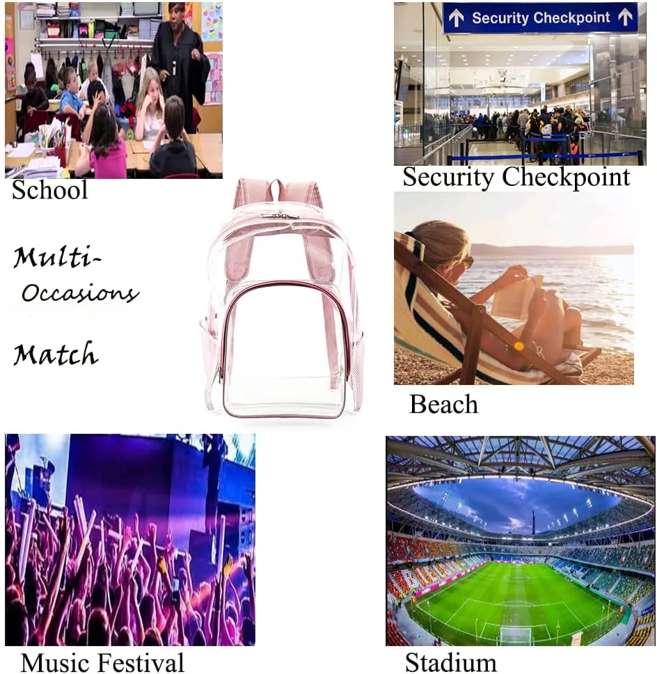 Pink Clear Backpack for Girls Women, Stylish See Through Plastic Clear Bookbag for School Stadium Concert 16 inch