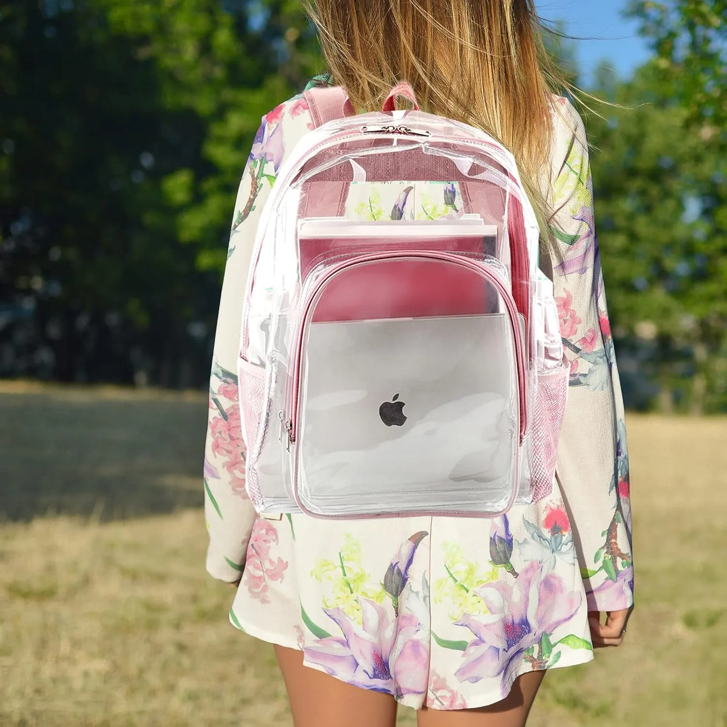 Pink Clear Backpack for Girls Women, Stylish See Through Plastic Clear Bookbag for School Stadium Concert 16 inch