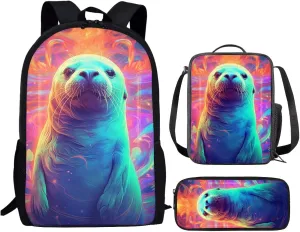 PinUp Angel Aqua Seal School Bag For Kids Backpack With Lunch Bag and Pencil Bag, Cool Magical Animal Bag For Children Boys and Girls Bookbag