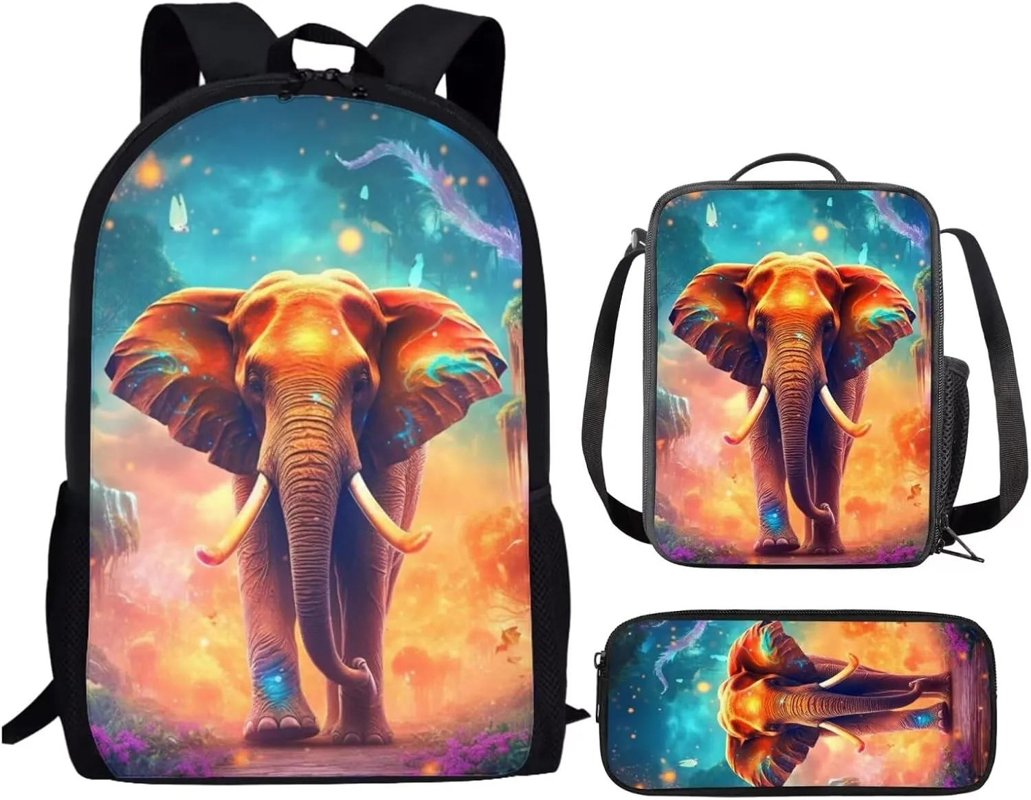 PinUp Angel Cool Elephant School Bag For Kids Backpack With Lunch Bag and Pencil Bag, Cool Magical Animal Bag For Children Boys and Girls Bookbag