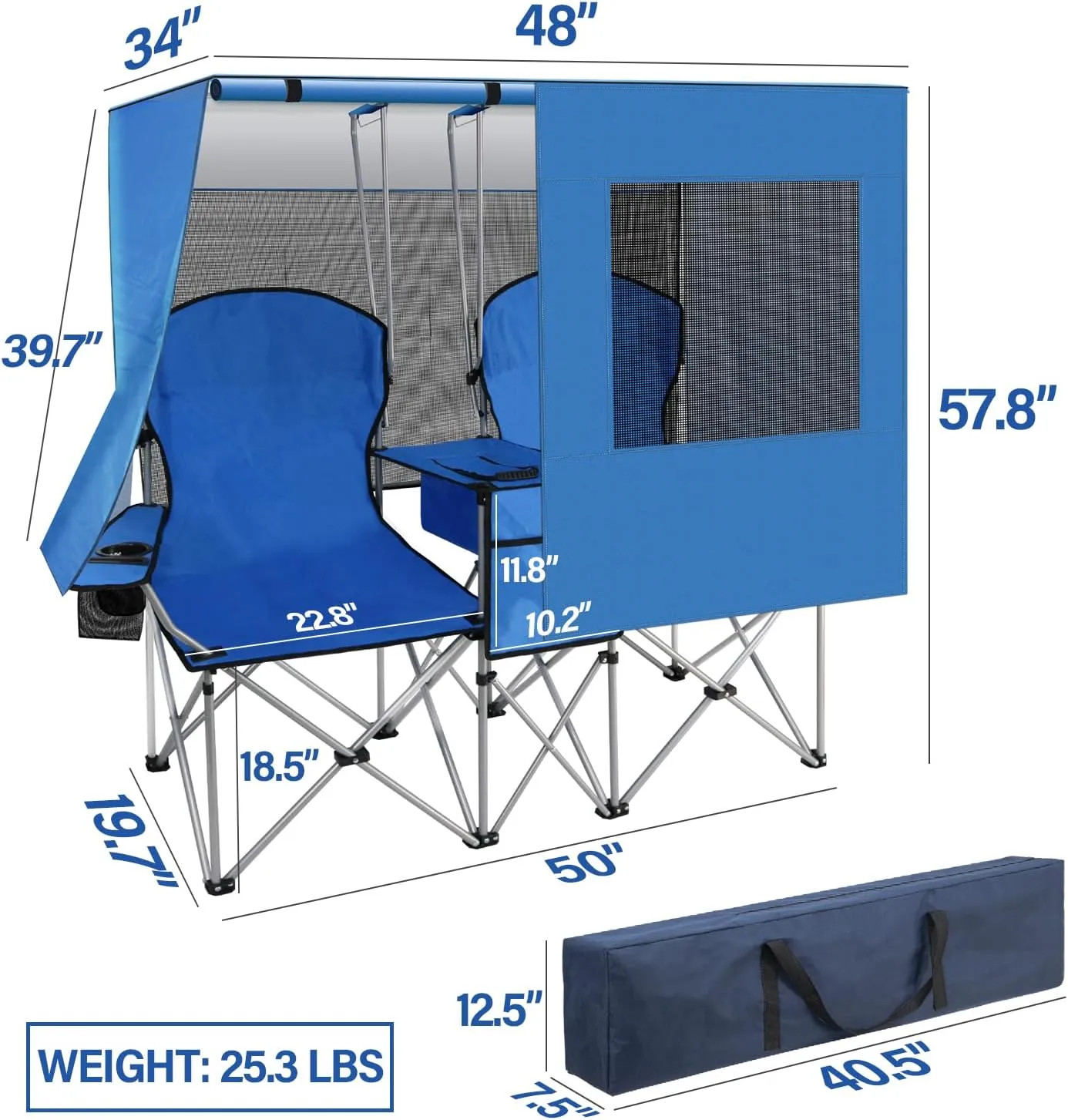 PLKO Portable Double Camping Chair with Canopy Shade,Heavy Duty Beach Chairs for Adults,Folding Beach Chair with Cooler Bag for Sports Backyard Fishing Outside（Blue）