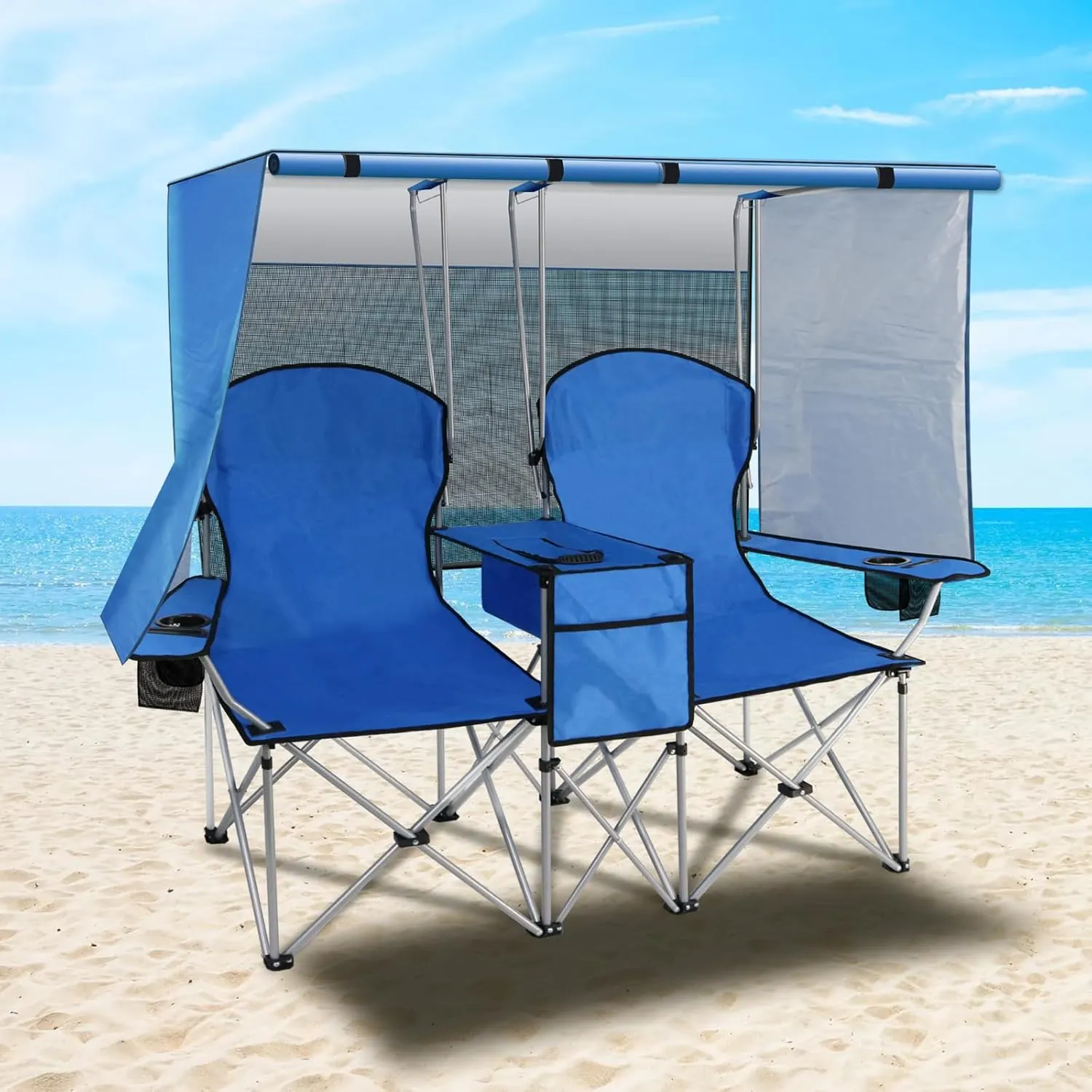 PLKO Portable Double Camping Chair with Canopy Shade,Heavy Duty Beach Chairs for Adults,Folding Beach Chair with Cooler Bag for Sports Backyard Fishing Outside（Blue）