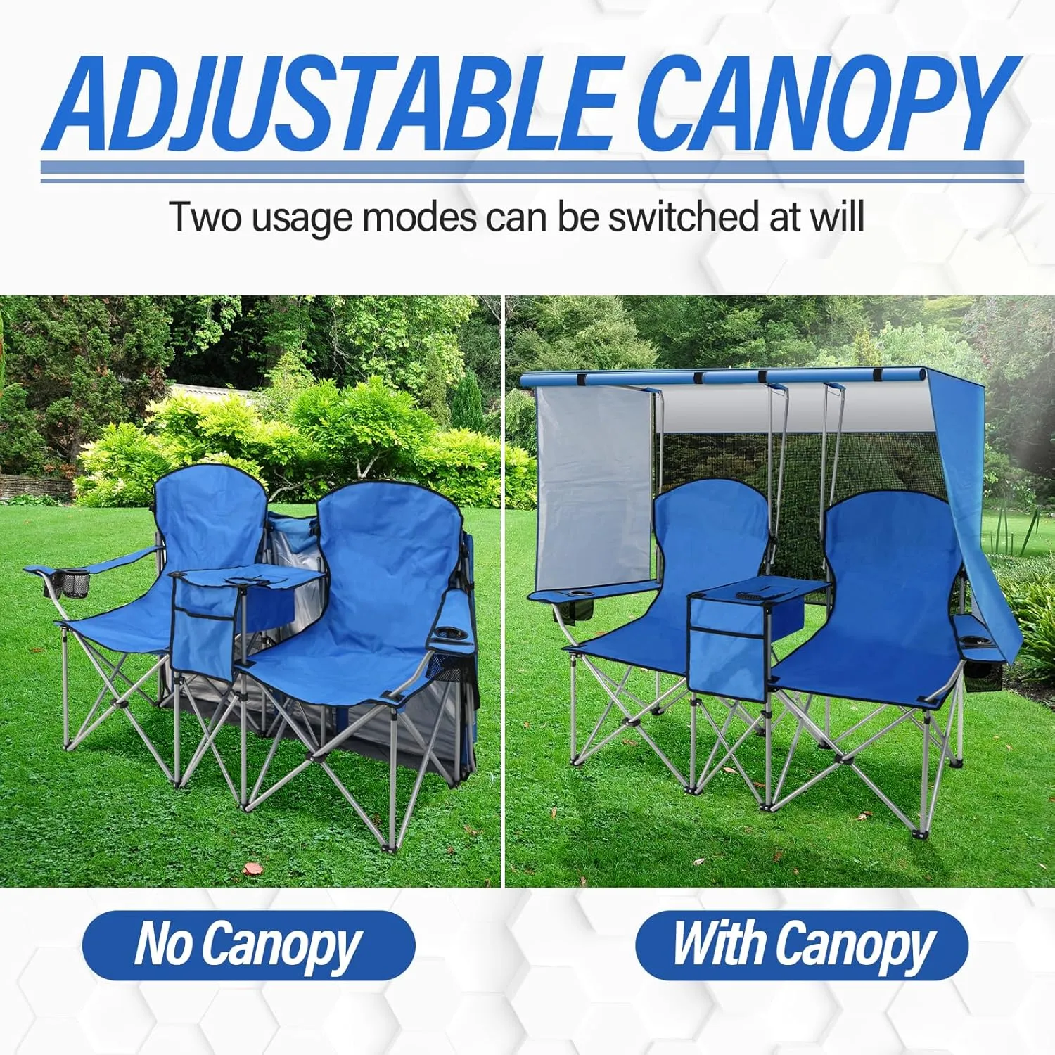 PLKO Portable Double Camping Chair with Canopy Shade,Heavy Duty Beach Chairs for Adults,Folding Beach Chair with Cooler Bag for Sports Backyard Fishing Outside（Blue）