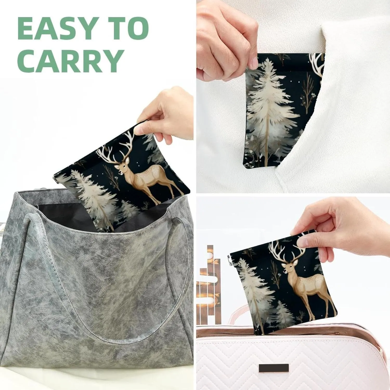 Pocket Cosmetic Bag Squeeze Top, Cute Christmas Elk-1849 Waterproof Travel Makeup Bag for Purse, Portable Mini Makeup Pouch No Zipper for Women