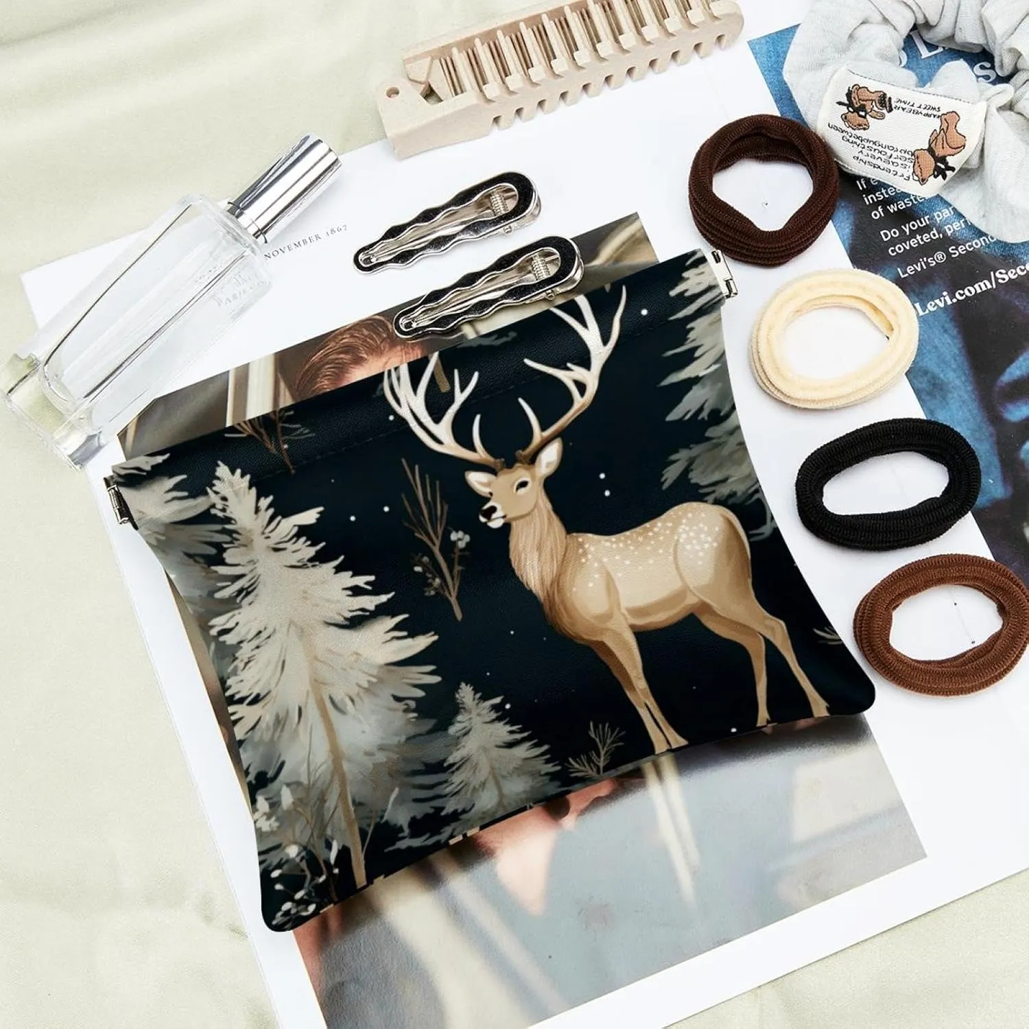 Pocket Cosmetic Bag Squeeze Top, Cute Christmas Elk-1849 Waterproof Travel Makeup Bag for Purse, Portable Mini Makeup Pouch No Zipper for Women