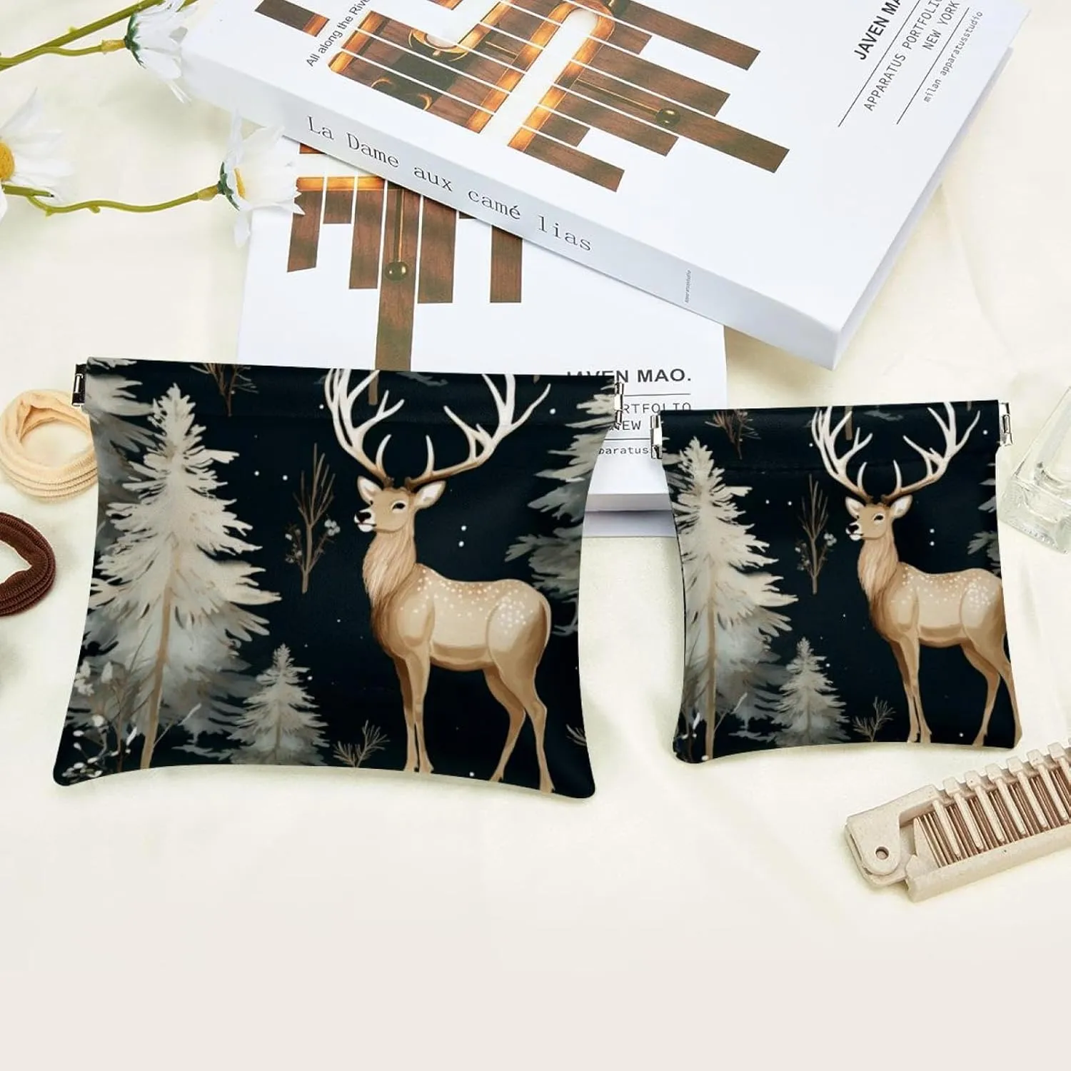 Pocket Cosmetic Bag Squeeze Top, Cute Christmas Elk-1849 Waterproof Travel Makeup Bag for Purse, Portable Mini Makeup Pouch No Zipper for Women