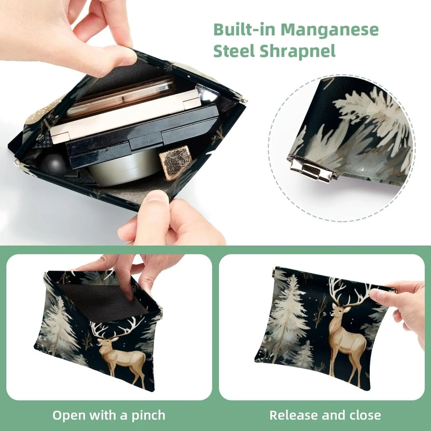 Pocket Cosmetic Bag Squeeze Top, Cute Christmas Elk-1849 Waterproof Travel Makeup Bag for Purse, Portable Mini Makeup Pouch No Zipper for Women