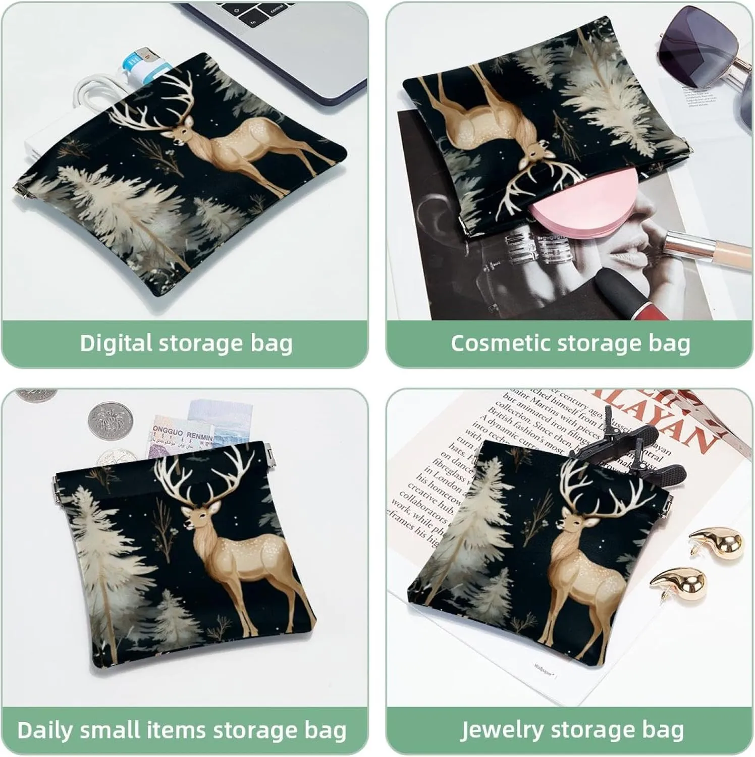 Pocket Cosmetic Bag Squeeze Top, Cute Christmas Elk-1849 Waterproof Travel Makeup Bag for Purse, Portable Mini Makeup Pouch No Zipper for Women