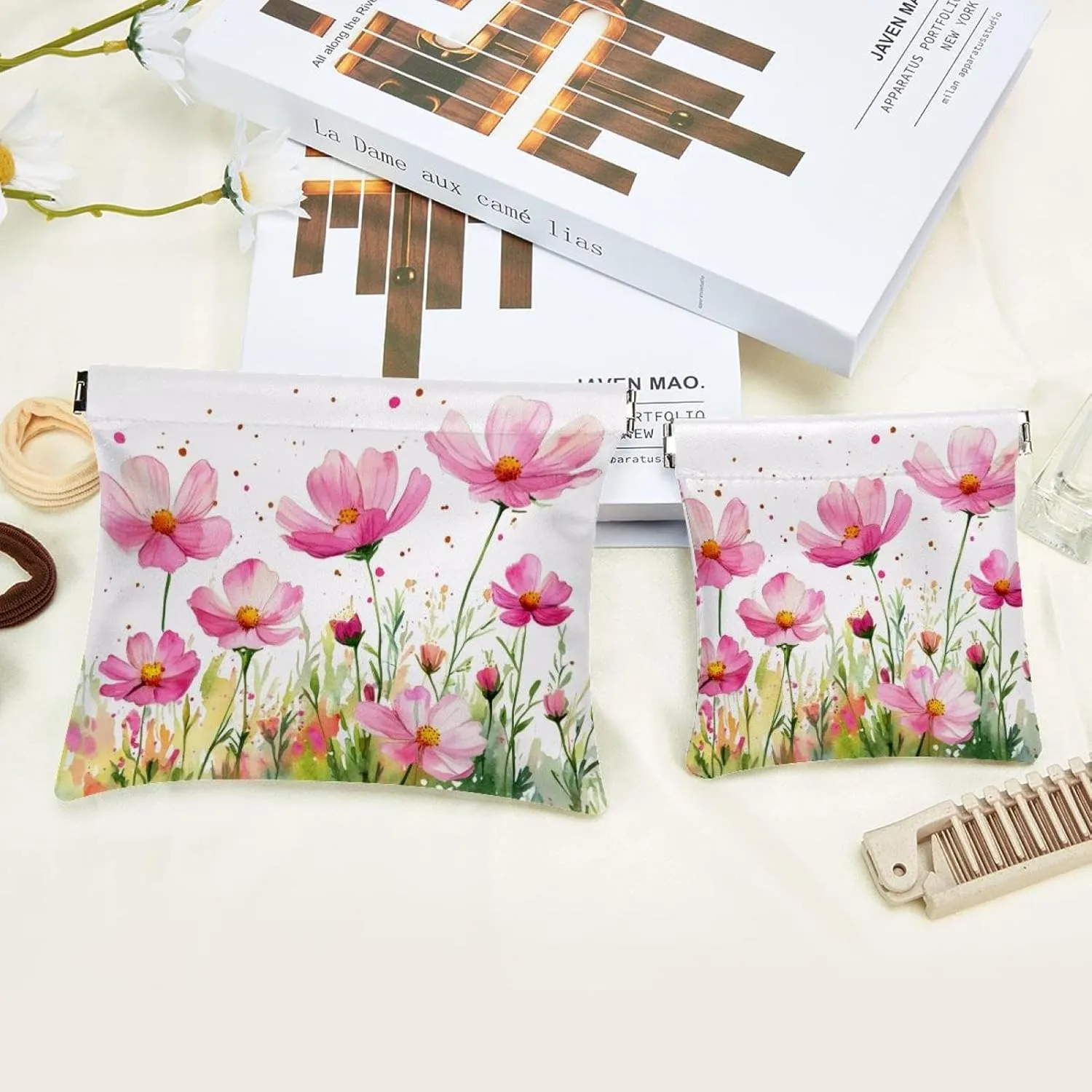 Pocket Cosmetic Bag Squeeze Top, Watercolor Pink Cosmos Flowers Waterproof Travel Makeup Bag for Purse, Portable Mini Makeup Pouch No Zipper for Women