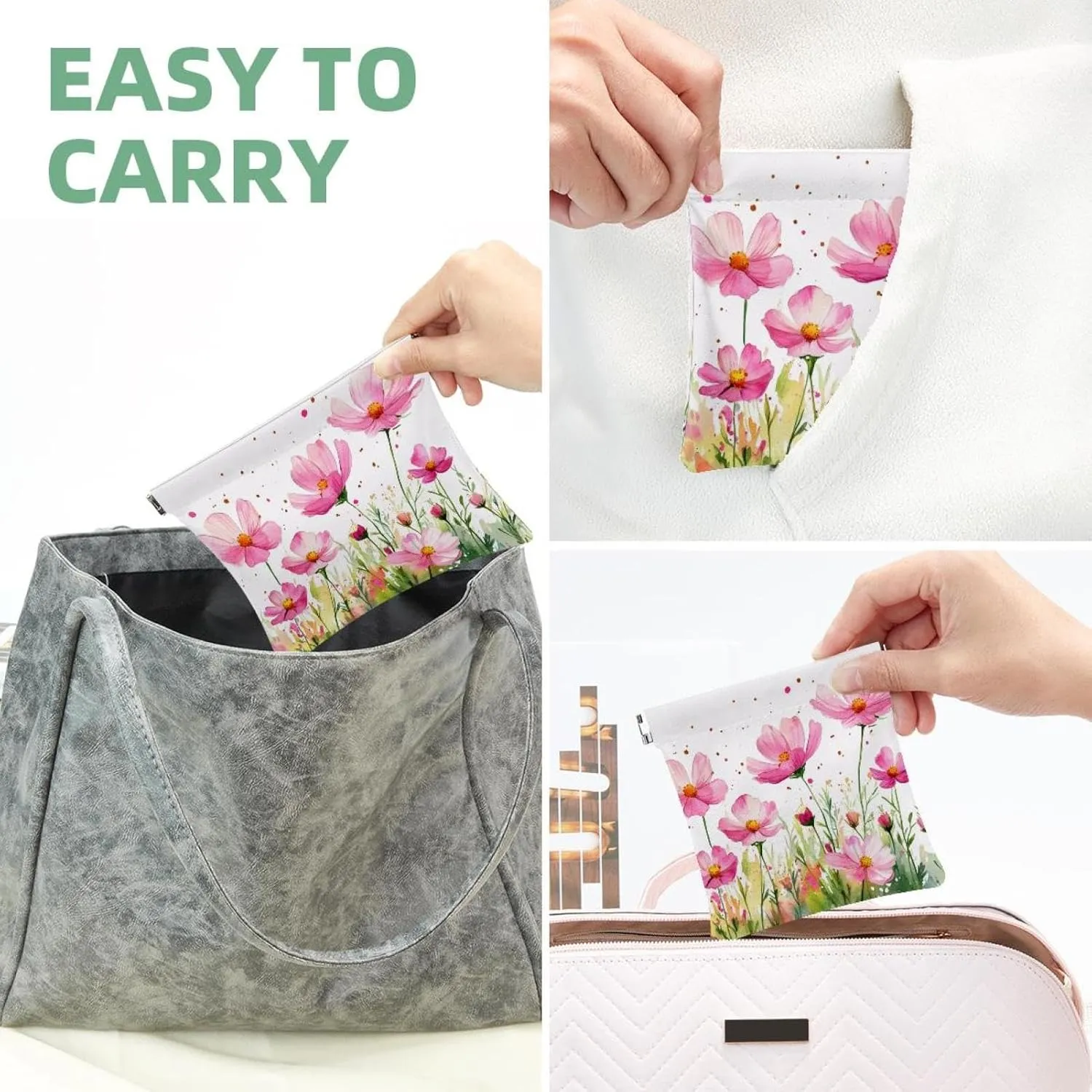 Pocket Cosmetic Bag Squeeze Top, Watercolor Pink Cosmos Flowers Waterproof Travel Makeup Bag for Purse, Portable Mini Makeup Pouch No Zipper for Women