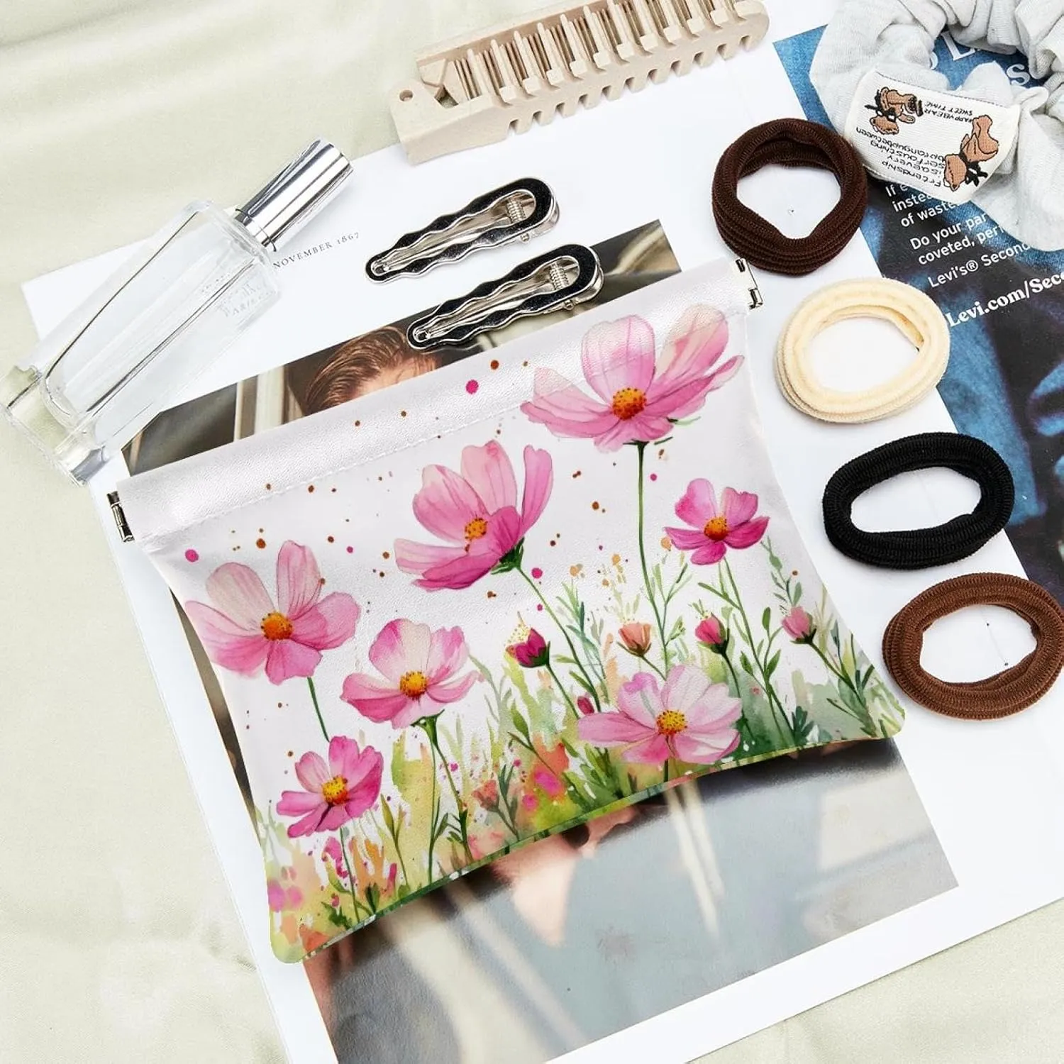 Pocket Cosmetic Bag Squeeze Top, Watercolor Pink Cosmos Flowers Waterproof Travel Makeup Bag for Purse, Portable Mini Makeup Pouch No Zipper for Women