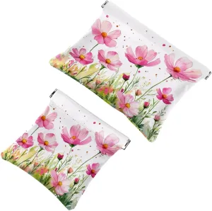 Pocket Cosmetic Bag Squeeze Top, Watercolor Pink Cosmos Flowers Waterproof Travel Makeup Bag for Purse, Portable Mini Makeup Pouch No Zipper for Women