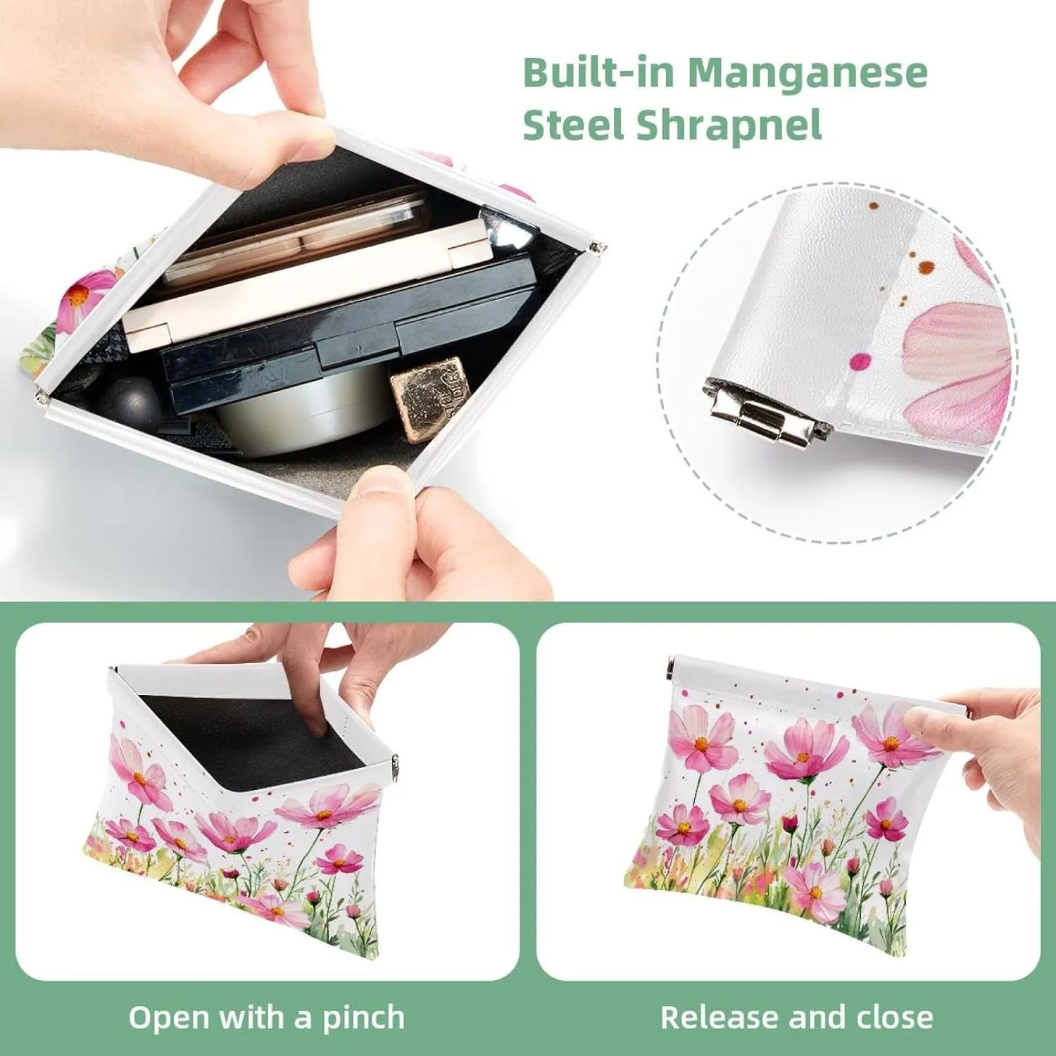 Pocket Cosmetic Bag Squeeze Top, Watercolor Pink Cosmos Flowers Waterproof Travel Makeup Bag for Purse, Portable Mini Makeup Pouch No Zipper for Women