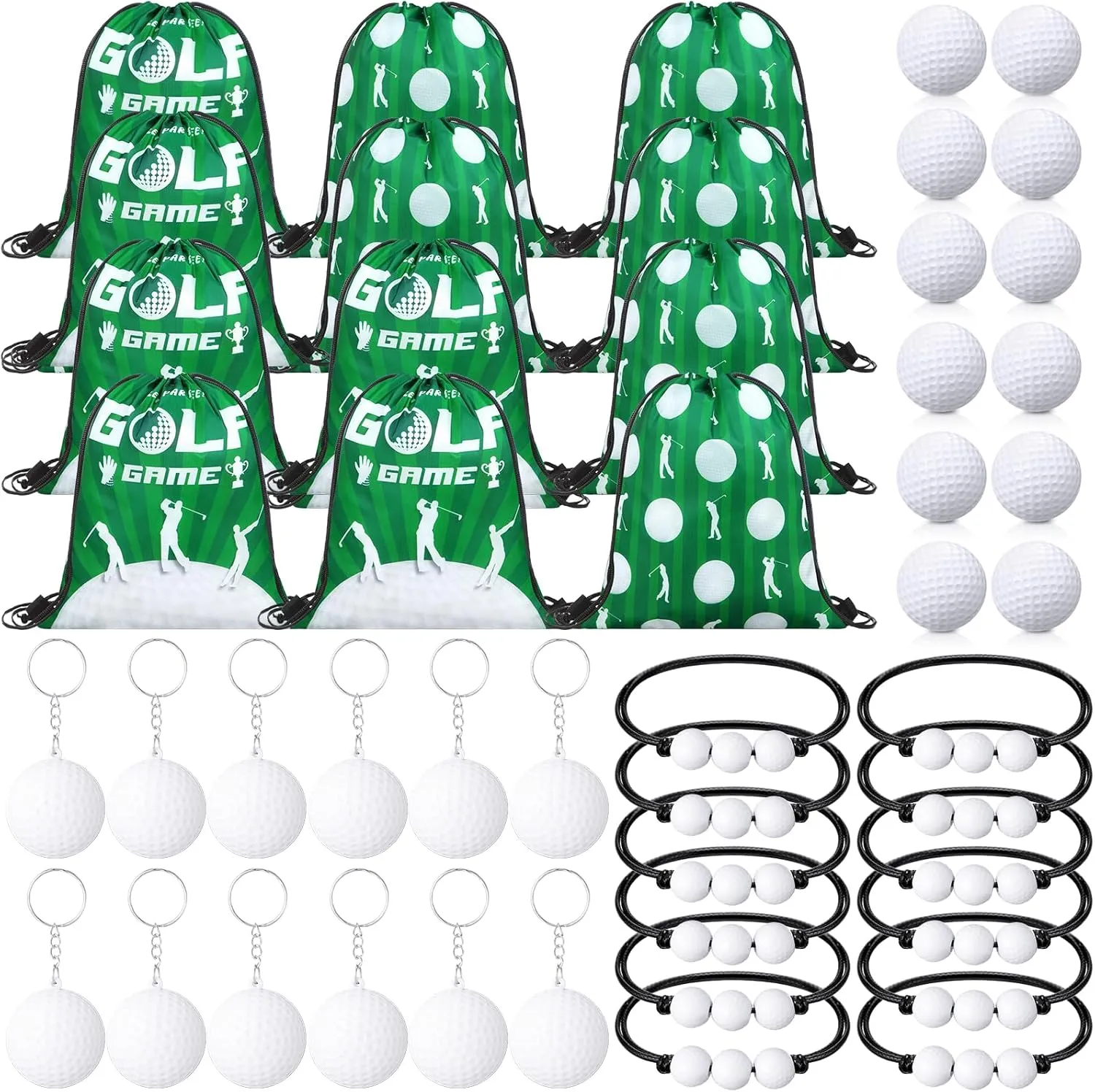 Poen 48 Pcs Golf Party Favors Set Golf Themed Supplies Includes 12 Drawstring Backpack 12 Mini PVC Ball 12 Keychain 12 Wax Thread Braided Bracelets Inspirational Gifts for Team