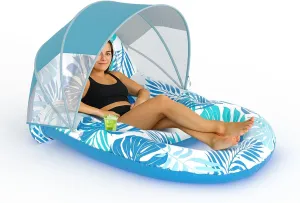 Pool Float with Canopy, XL Inflatable Chair Lounge Float with Adjustable Sun Shade Cover, Drink Holder, Ergonomic Headrest,Pool Inflatables for Adults