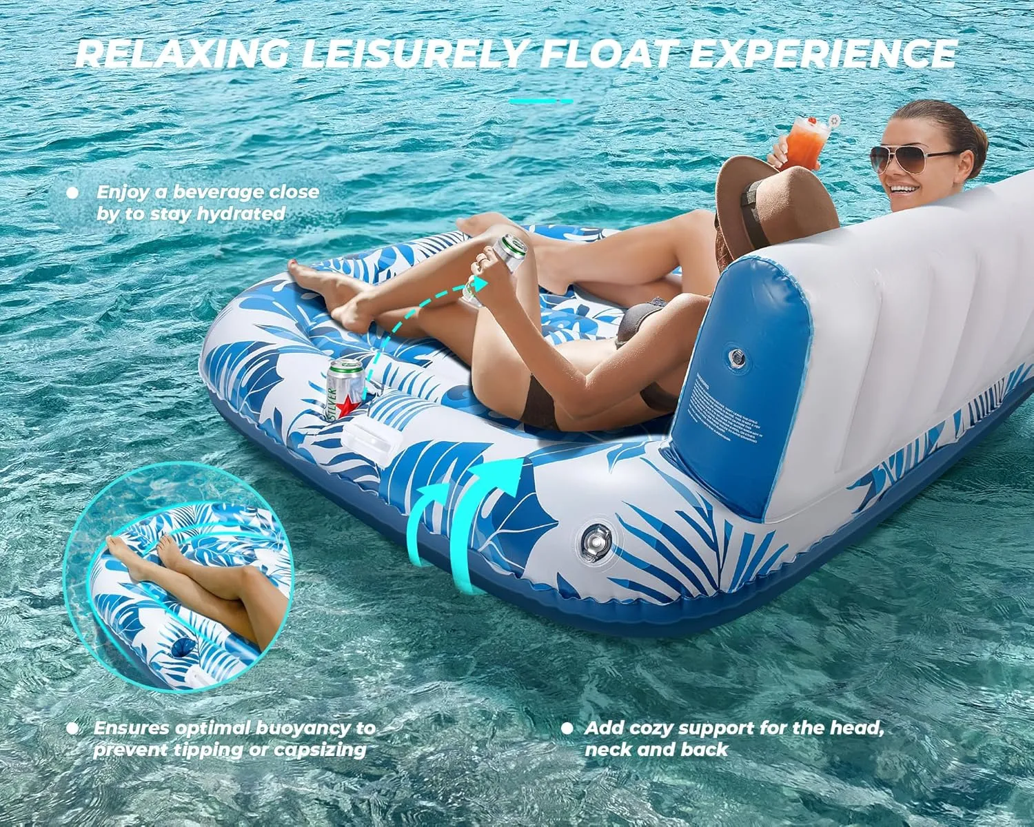 Pool Floats Adult 1-2-3 Person Inflatable Lounger, Extra Large Tanning Recliner Floaty Chair Raft with Backrest, Footrest, Cup Holder for Pool, Lake, River, Beach, Ocean & Party Use