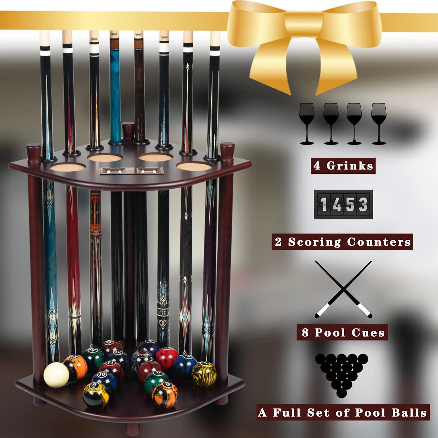 Pool Stick Holder Floor Stand, Solid Wood Billiard Pool Cue Rack, Pool Table Accessories (Mahogany)