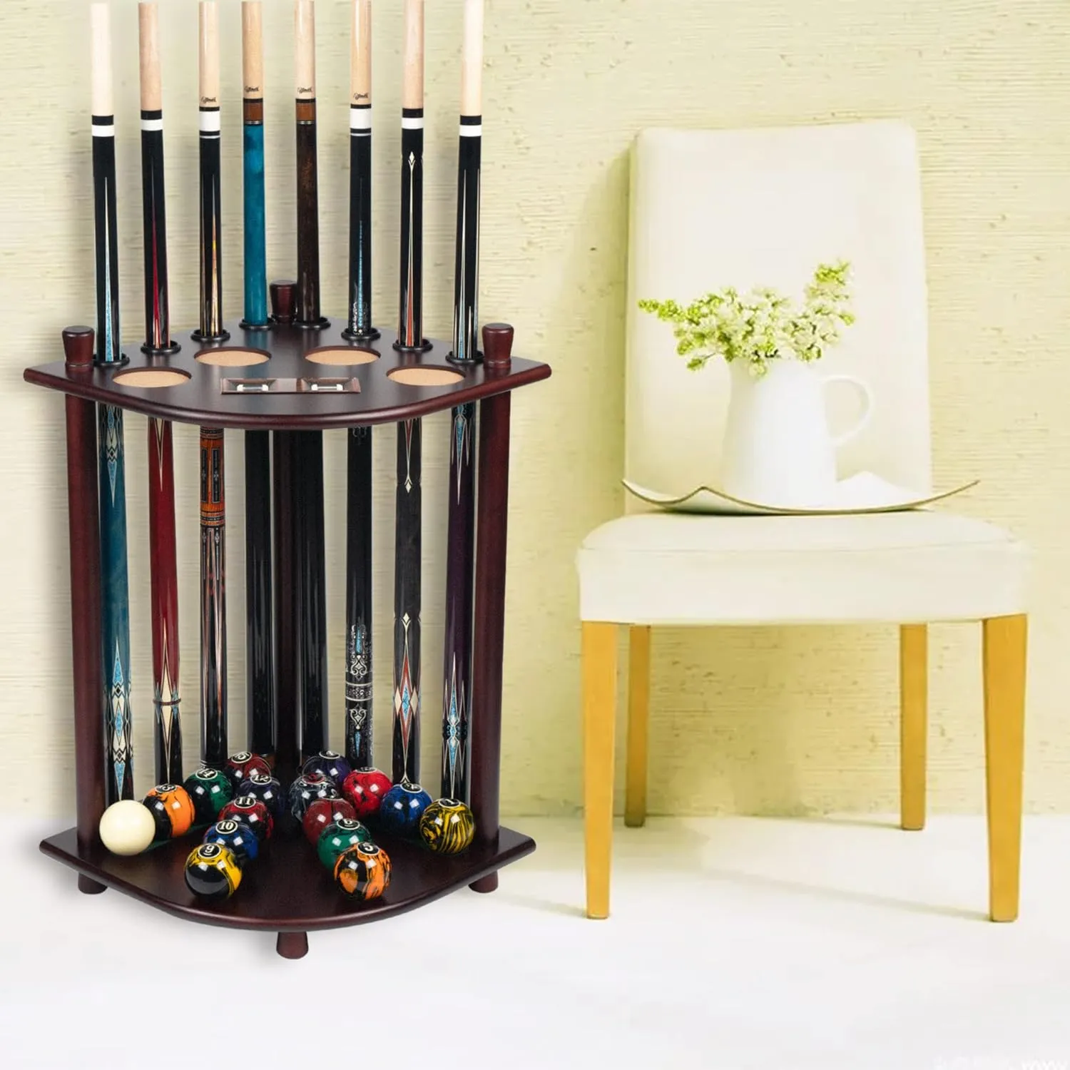 Pool Stick Holder Floor Stand, Solid Wood Billiard Pool Cue Rack, Pool Table Accessories (Mahogany)