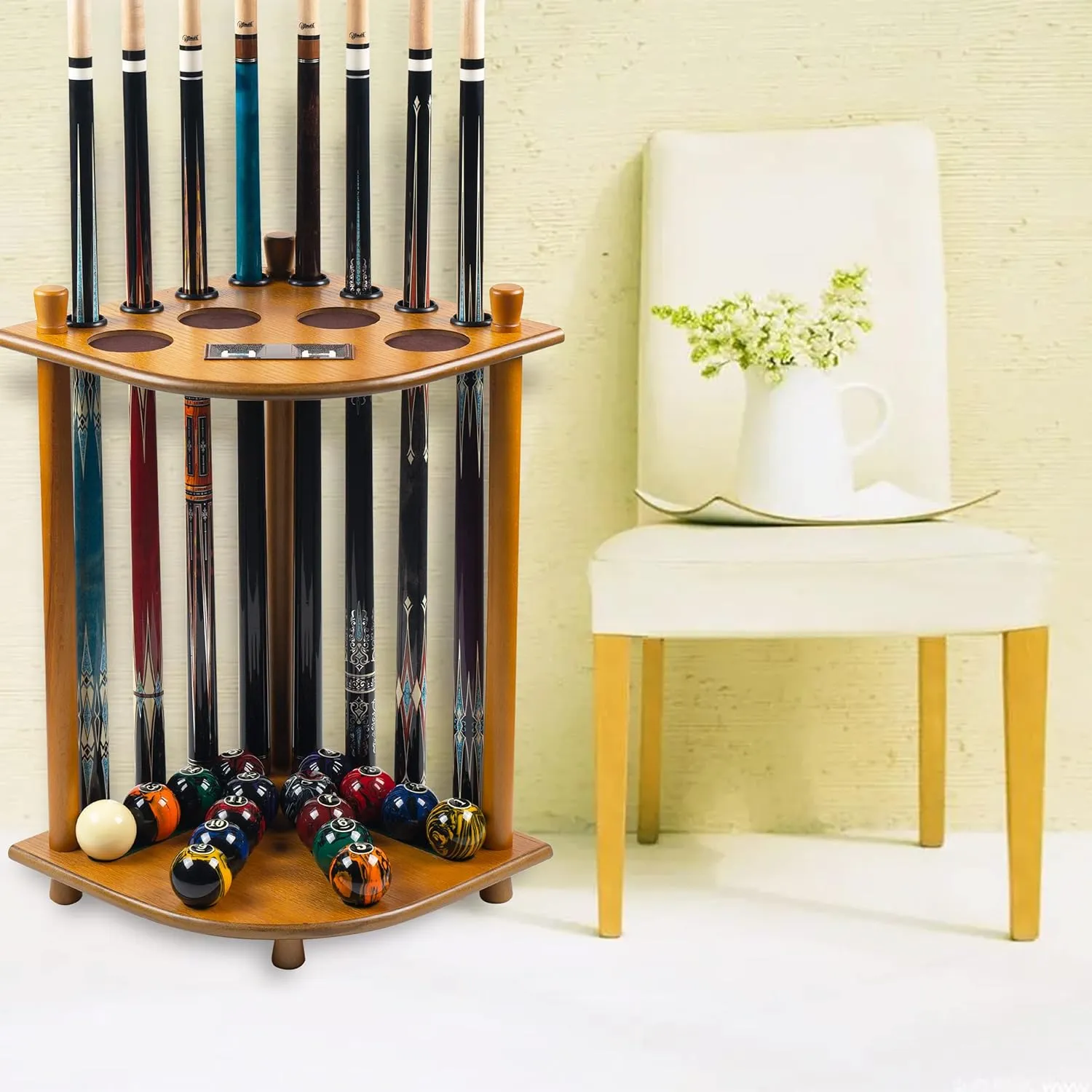 Pool Stick Holder Floor Stand, Solid Wood Billiard Pool Cue Rack, Pool Table Accessories (OAK)