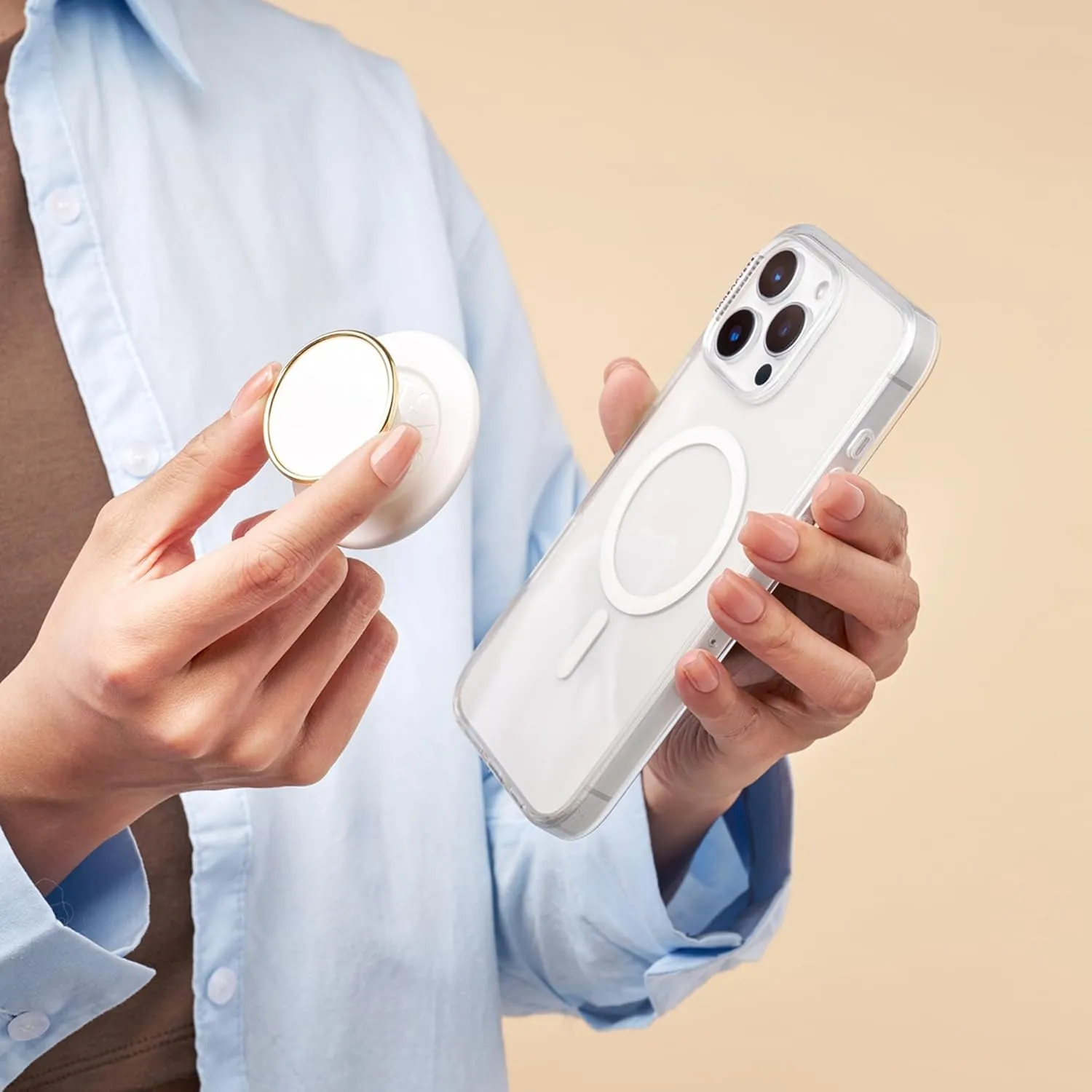 PopSockets Round Phone Grip Compatible with MagSafe, Adapter Ring Included, Phone Holder, Wireless Charging Compatible, Cute PopSocket - Coco Creme