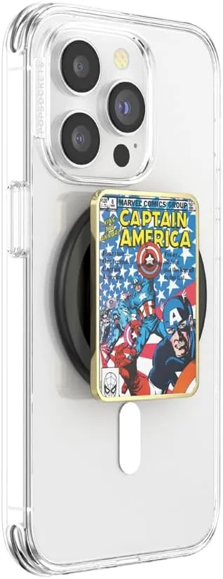 PopSockets Round Phone Grip Compatible with MagSafe, Adapter Ring Included, Phone Holder, Wireless Charging Compatible, Marvel Captain America - Black Translucent