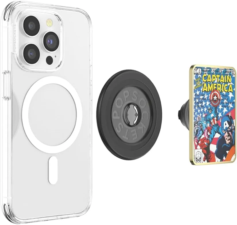 PopSockets Round Phone Grip Compatible with MagSafe, Adapter Ring Included, Phone Holder, Wireless Charging Compatible, Marvel Captain America - Black Translucent
