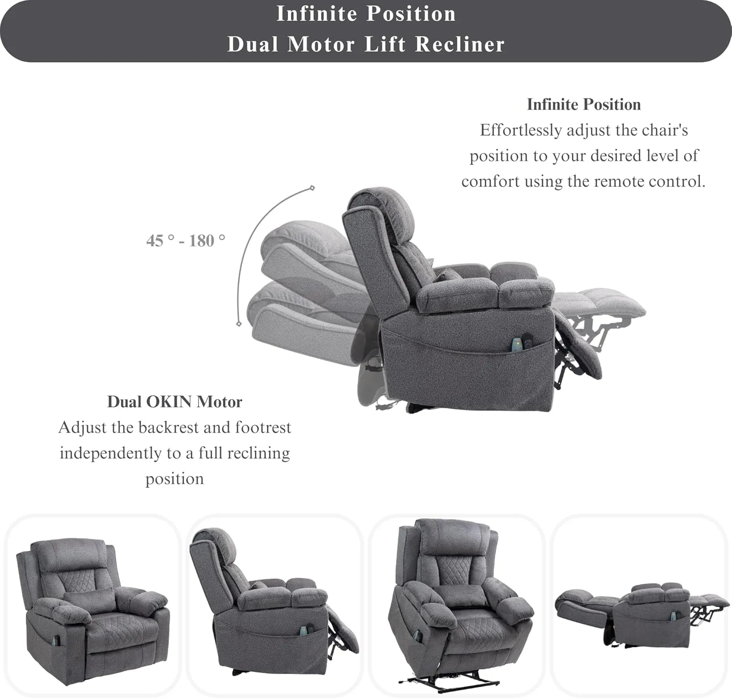 Power Lift Recliner for Elderly 28 Inch Wide Seat, Lay Flat Lift Chair with Heat Massage, Flip Arm Storage Cup Holders, USB Type C Charging, Big Tall 400 lbs (Grey Chenille)