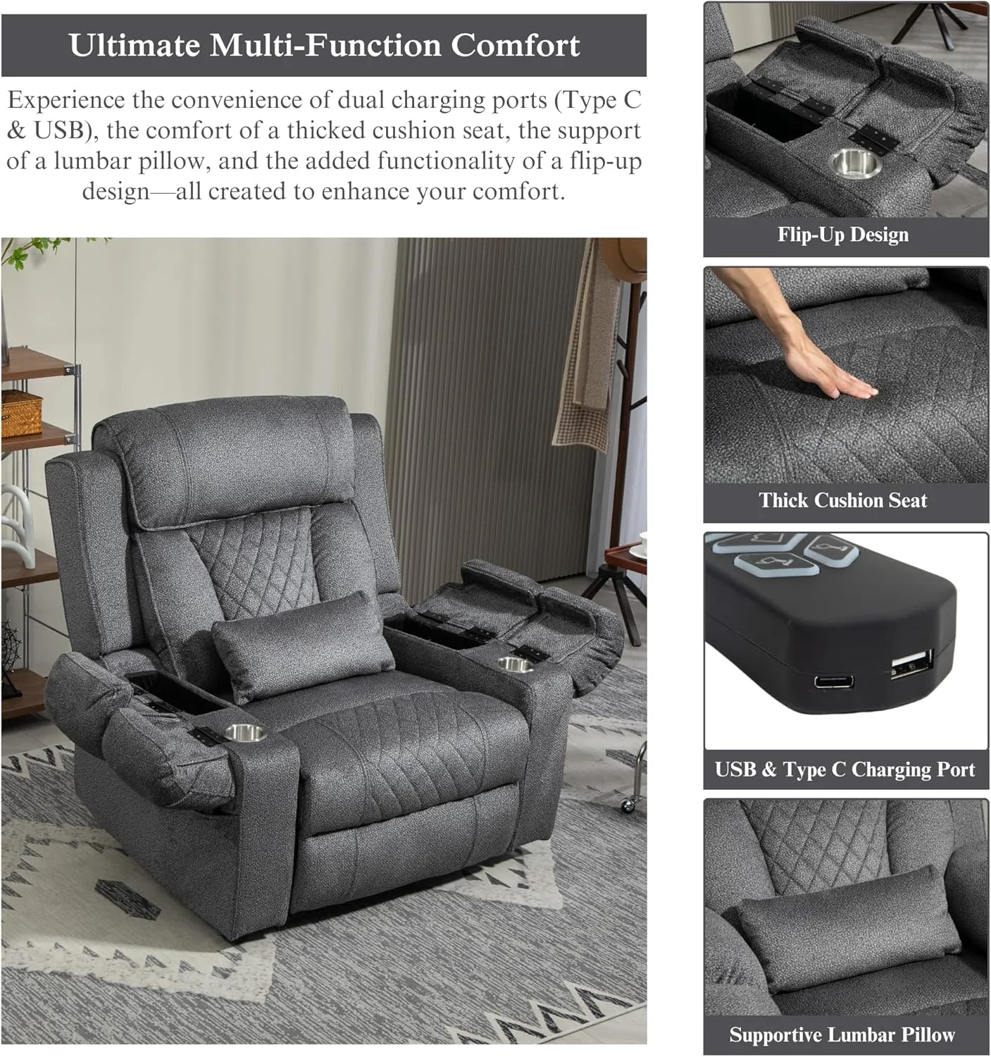 Power Lift Recliner for Elderly 28 Inch Wide Seat, Lay Flat Lift Chair with Heat Massage, Flip Arm Storage Cup Holders, USB Type C Charging, Big Tall 400 lbs (Grey Chenille)