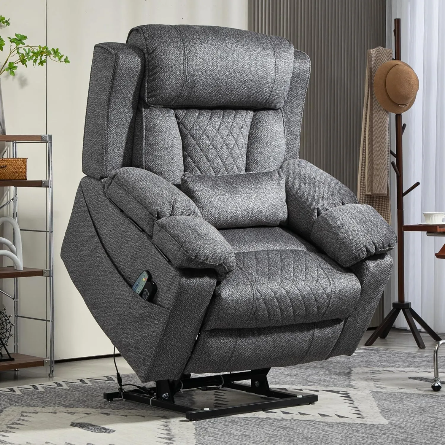Power Lift Recliner for Elderly 28 Inch Wide Seat, Lay Flat Lift Chair with Heat Massage, Flip Arm Storage Cup Holders, USB Type C Charging, Big Tall 400 lbs (Grey Chenille)