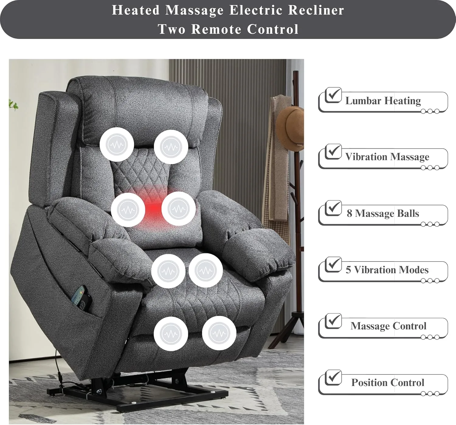 Power Lift Recliner for Elderly 28 Inch Wide Seat, Lay Flat Lift Chair with Heat Massage, Flip Arm Storage Cup Holders, USB Type C Charging, Big Tall 400 lbs (Grey Chenille)